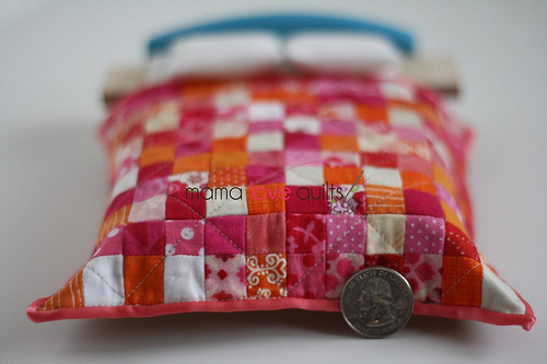 Hand-sewn patchwork blanket with two pillows for a doll's house 1:12